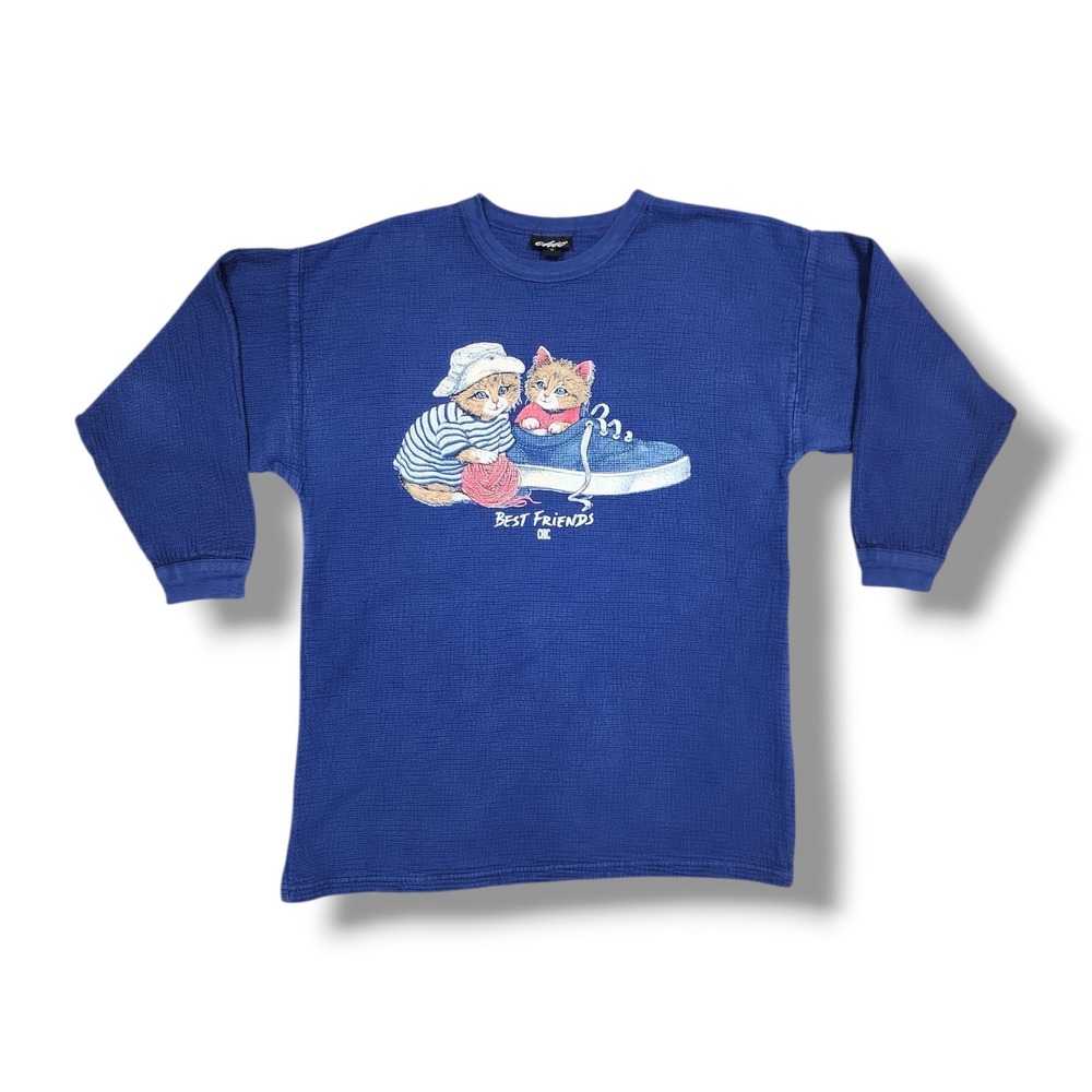Vintage Chic Cats Best Friends Print Long Sleeve Waffle Blue T-Shirt Women's 1X‎